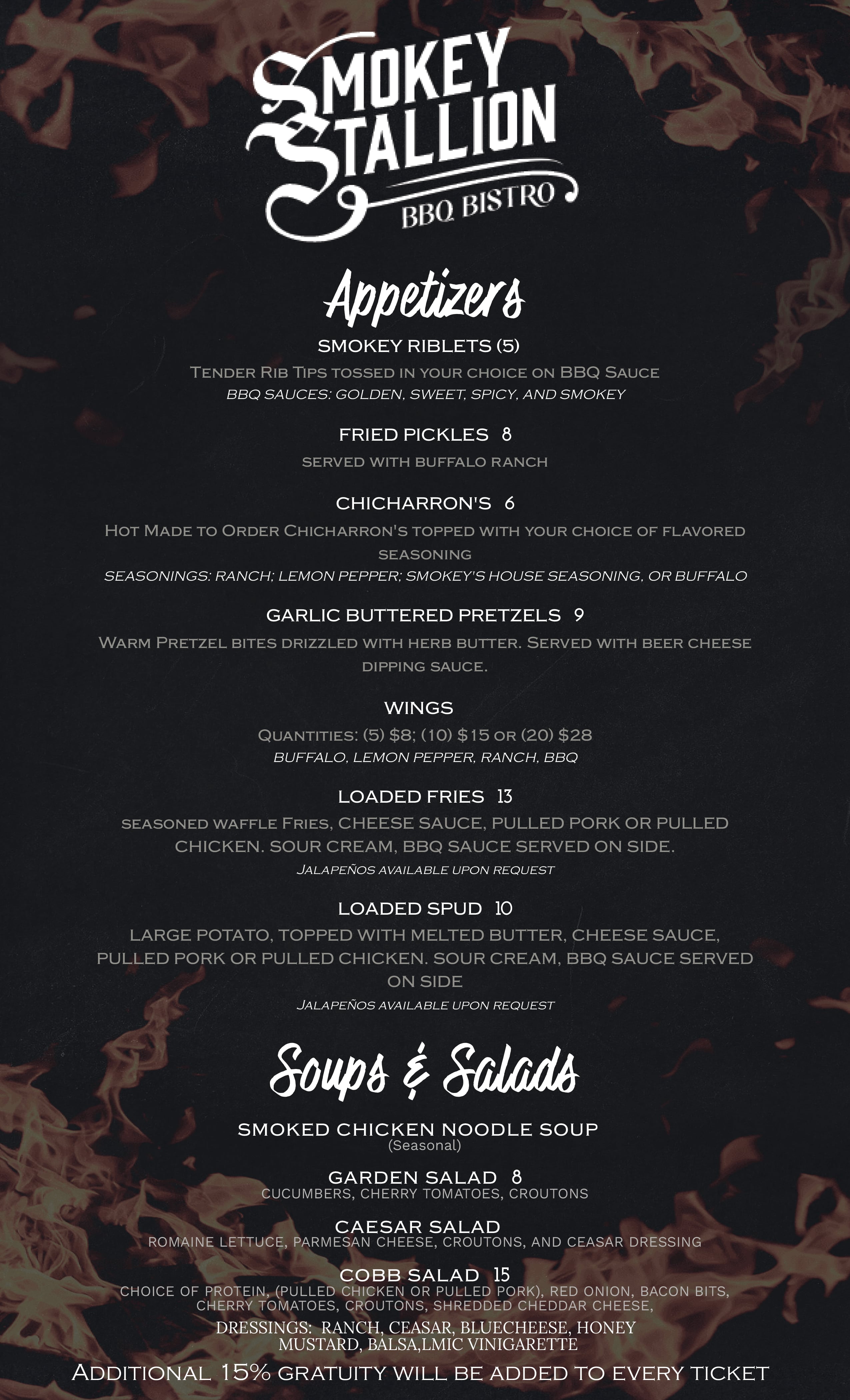 The menu from Smokey Stallion.