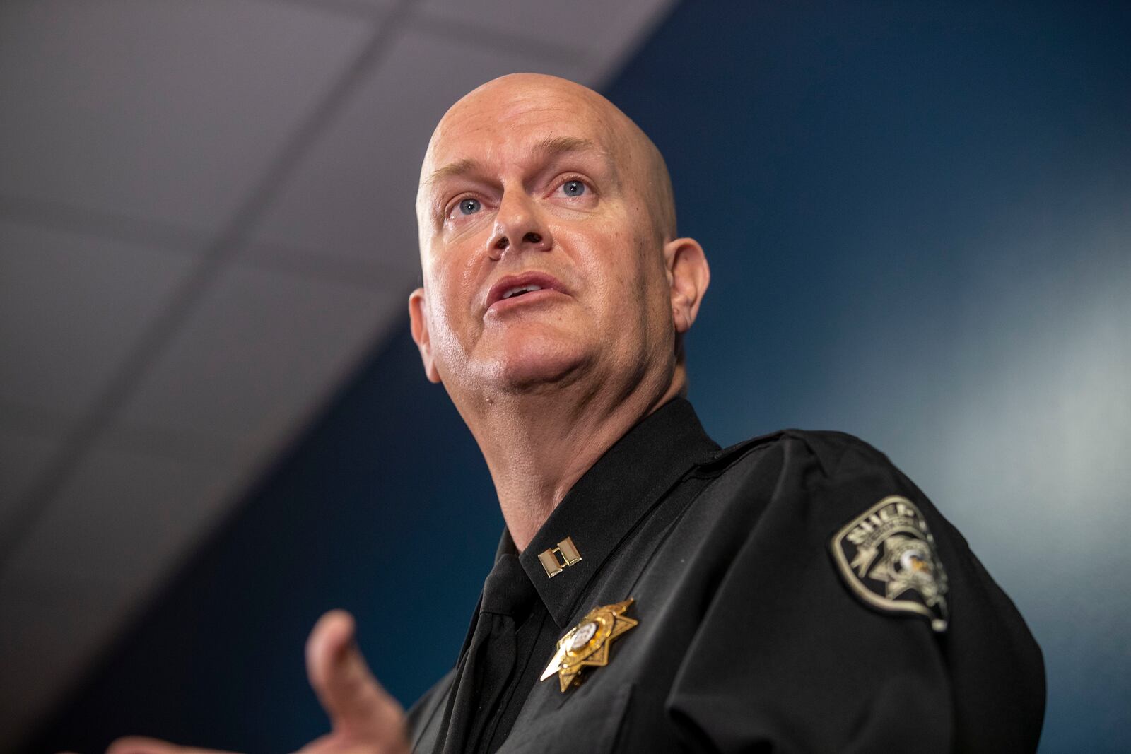 Capt. Jay Baker of the Cherokee County Sheriff’s Office speaks during a press conference at Atlanta Police Department headquarters in Atlanta on March 17, 2021.  (Alyssa Pointer / Alyssa.Pointer@ajc.com)