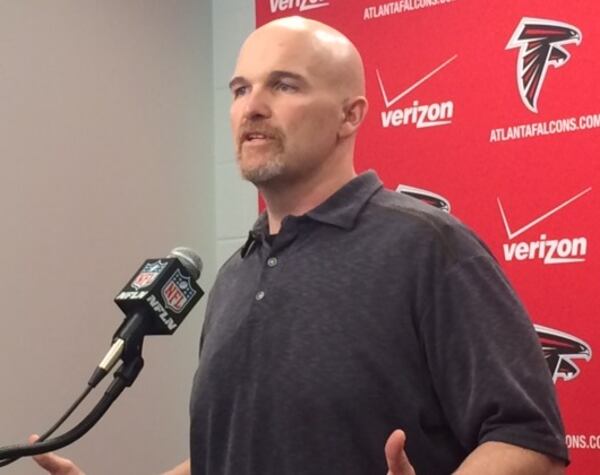 Falcons coach Dan Quinn talking to the media recently. (By D. Orlando Ledbetter/DLedbetter@ajc.com)