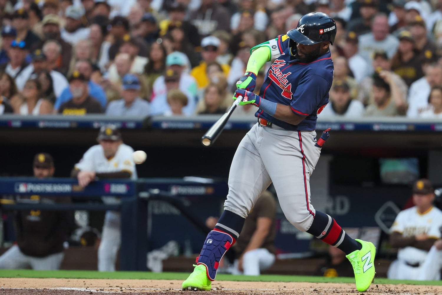 Atlanta Braves outfielder Michael Harris II (23) singles against the San Diego Padres during the third inning of National League Division Series Wild Card Game One at Petco Park in San Diego on Tuesday, Oct. 1, 2024.   (Jason Getz / Jason.Getz@ajc.com)