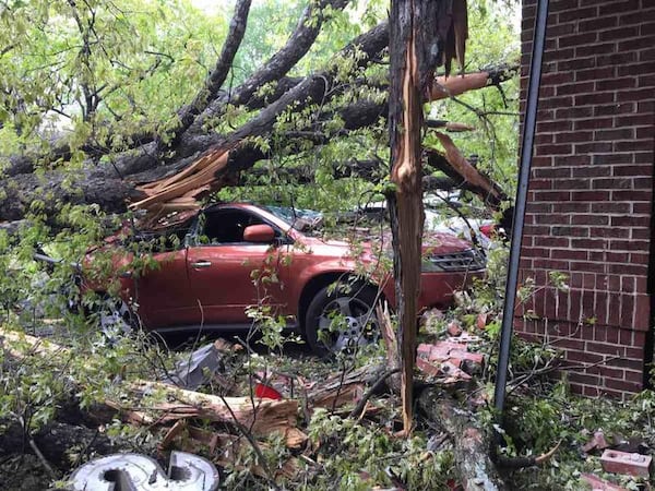 A massive tree fell on a CVS in Grant Park near Atlanta on Thursday, April 6, damaging the store and several cars. // Photo: Amanda Timberlake