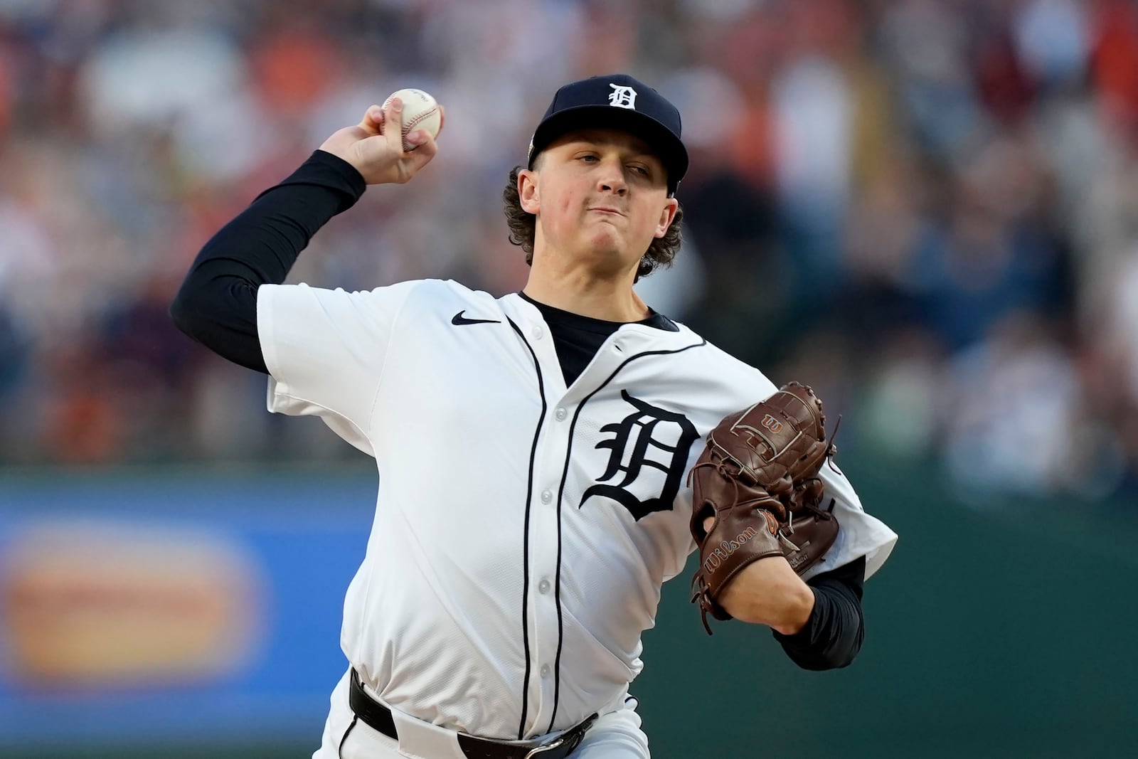 Detroit Tigers pitcher Reese Olson throws against the Cleveland Guardians in the first inning during Game 4 of a baseball American League Division Series, Thursday, Oct. 10, 2024, in Detroit. (AP Photo/Carlos Osorio)