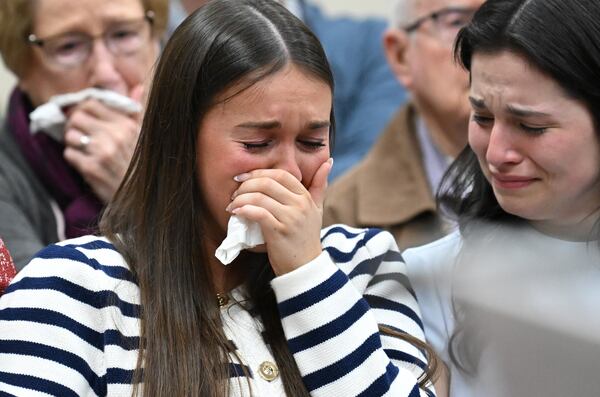 Lauren Phillips, sister of Laken Riley, reacts as prosecutor Sheila Ross (not pictured) addresses final comments to Superior Court Judge H. Patrick Haggard (not pictured) before sentencing during the trial of Jose Ibarra at Athens-Clarke County Superior Court on Wednesday, Nov. 20, 2024, in Athens. Ibarra was found guilty of murder in the February killing of Riley. (Hyosub Shin/AJC)