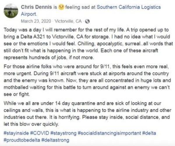 First Officer Chris Dennis' short, handwritten letter left on the flight deck of an A321 parked in the California desert at the beginning of the pandemic was discovered by a fellow pilot, more than a year later. (Image: Delta Air Lines)