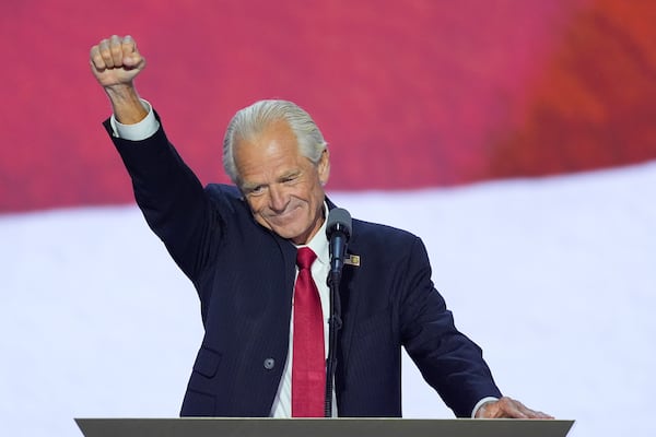 FILE - Peter Navarro raises his fist while speaking during the Republican National Convention, July 17, 2024, in Milwaukee. (AP Photo/J. Scott Applewhite, File)