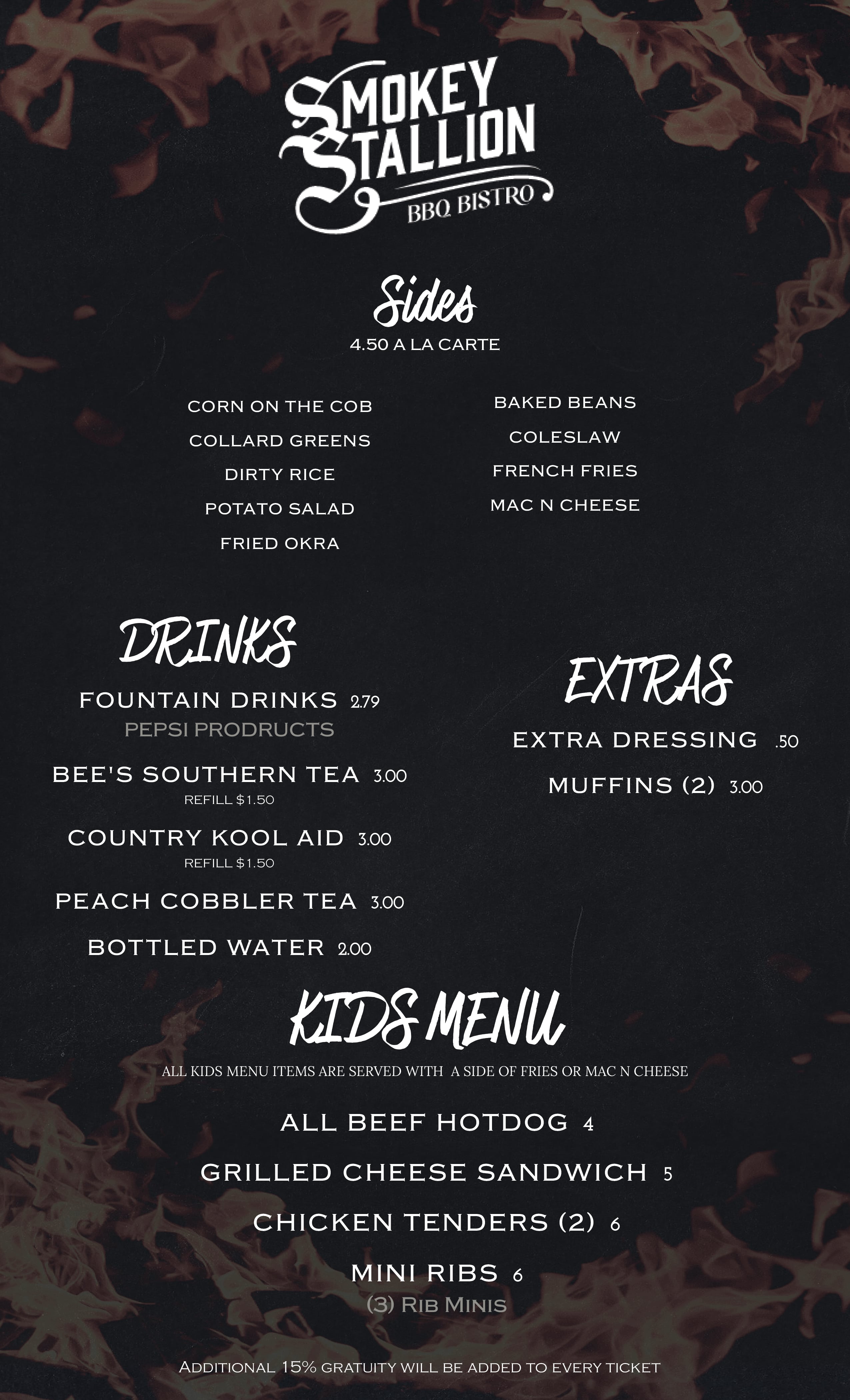 The menu from Smokey Stallion.