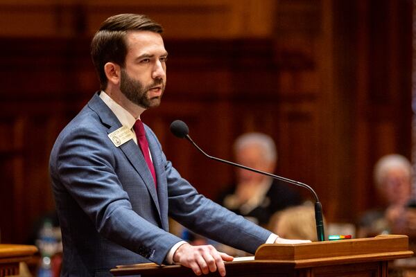 State Rep. Houston Gaines, R-Athens, speaks on behalf of HB 1105, which would penalize sheriffs who don’t coordinate with federal immigration authorities, at the House of Representatives in Atlanta on Thursday, February 29, 2024. (Arvin Temkar / arvin.temkar@ajc.com)