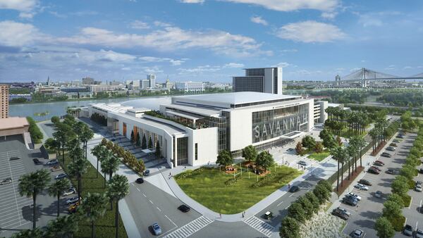 The Savannah Convention Center expansion is nearing completion, a project that is doubling the facility's capacity. The Georgia-Savannah Convention Center Authority on Thursday announced plans for a convention center hotel, seen in the background of this rendering. (Courtesy of the Savannah Convention Center)