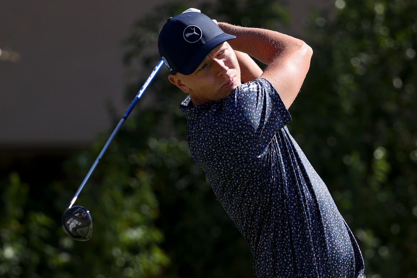 Matti Schmid hits off the tee on the third hole during the final round of the Shriners Children's Open golf tournament, Sunday, Oct. 20, 2024, in Las Vegas. (AP Photo/Ian Maule)