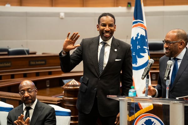 Atlanta Mayor Andre Dickens makes an appearance at the inauguration ceremony of Commissioner Mo Ivory in Atlanta, Georgia on Friday, Jan. 3, 2025. (Olivia Bowdoin for the AJC). 