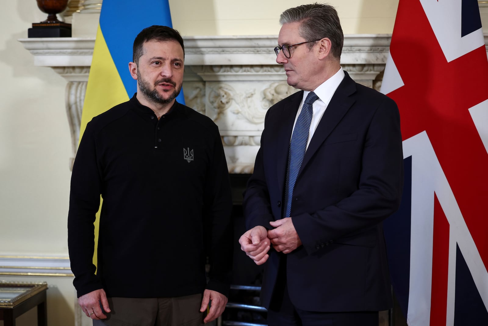 Britain's Prime Minister Keir Starmer, right, and Ukraine's President Volodymyr Zelenskyy speak during a bilateral meeting inside 10 Downing Street, in London, Thursday Oct. 10, 2024. (Henry Nicholls/Pool Photo via AP)