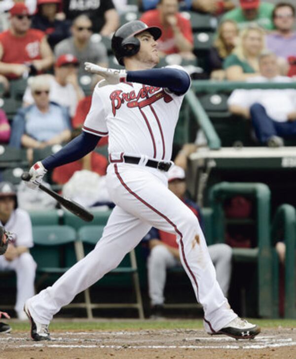 Freddie Freeman watches a ball sail out of the park during his career-best 2013 season when he was 5th in NL MVP balloting. After consecutive All-Star seasons, he was slowed by a nagging wrist injury and missed 44 games in 2015. (AP photo)