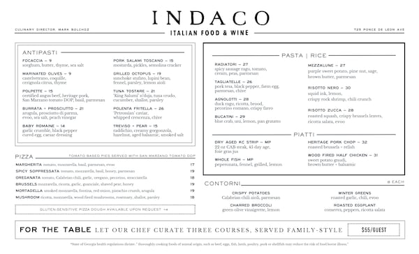 Indaco dinner menu / Courtesy of Indaco