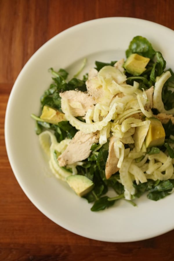 The combination of fennel and watercress make for a refreshing entree salad in this Watercress, Arugula Fennel Salad with Grilled Chicken recipe. (Juli Leonard/Raleigh News & Observer/TNS)