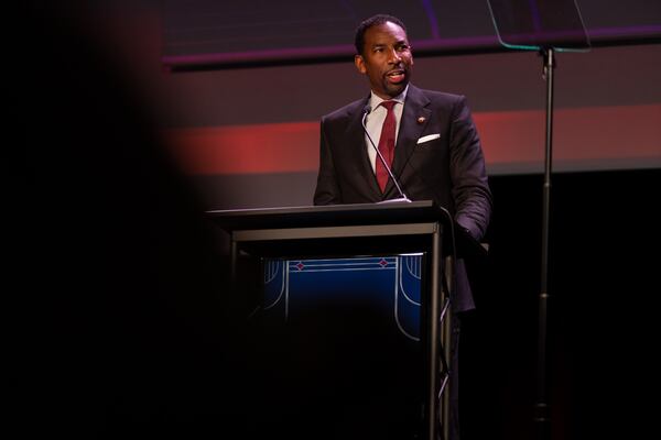 Atlanta Mayor Andre Dickens speaks at the Georgia Chamber’s “Eggs & Issues” breakfast at the Fox Theatre in downtown Atlanta, Georgia on January 12th, 2022. (Nathan Posner for The Atlanta Journal-Constitution)
