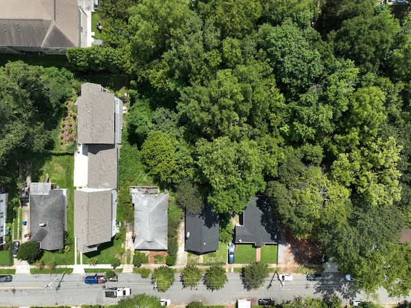 An aerial view of older homes (left) and new residential housing in the Reynoldstown neighborhood are shown from above on Thursday, September 8, 2022. Greg Levine, Trees Atlanta’s co-executive director, says zoning rules in some neighborhoods often allow developers to build to the edge of the property line, leaving no room for trees to be replanted. (Hyosub Shin / Hyosub.Shin@ajc.com)