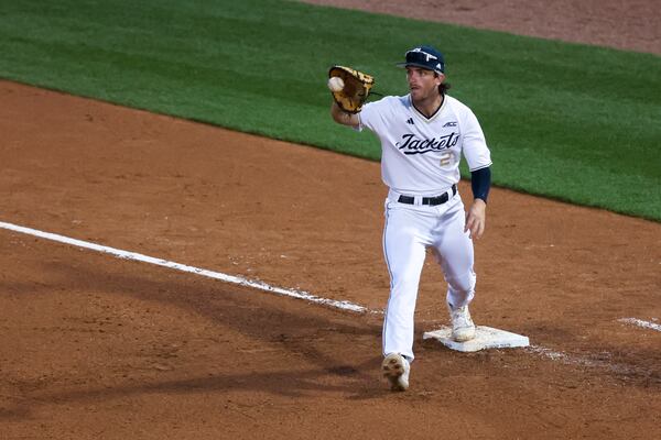 Georgia Tech first baseman Cam Jones (2) fields a ground ball to get out Auburn catcher Carter Wright (not pictured) during the fifth inning at Russ Chandler Stadium, Tuesday, May 7, 2024, in Atlanta. (Jason Getz / AJC)
