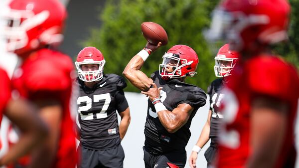 Georgia quarterback Jamie Newman (9) during the Bulldogs’ practice session Wednesday, Aug. 19, 2020, in Athens. Newman, a graduate transfer, opted out of the season.  (Photo by Tony Walsh)