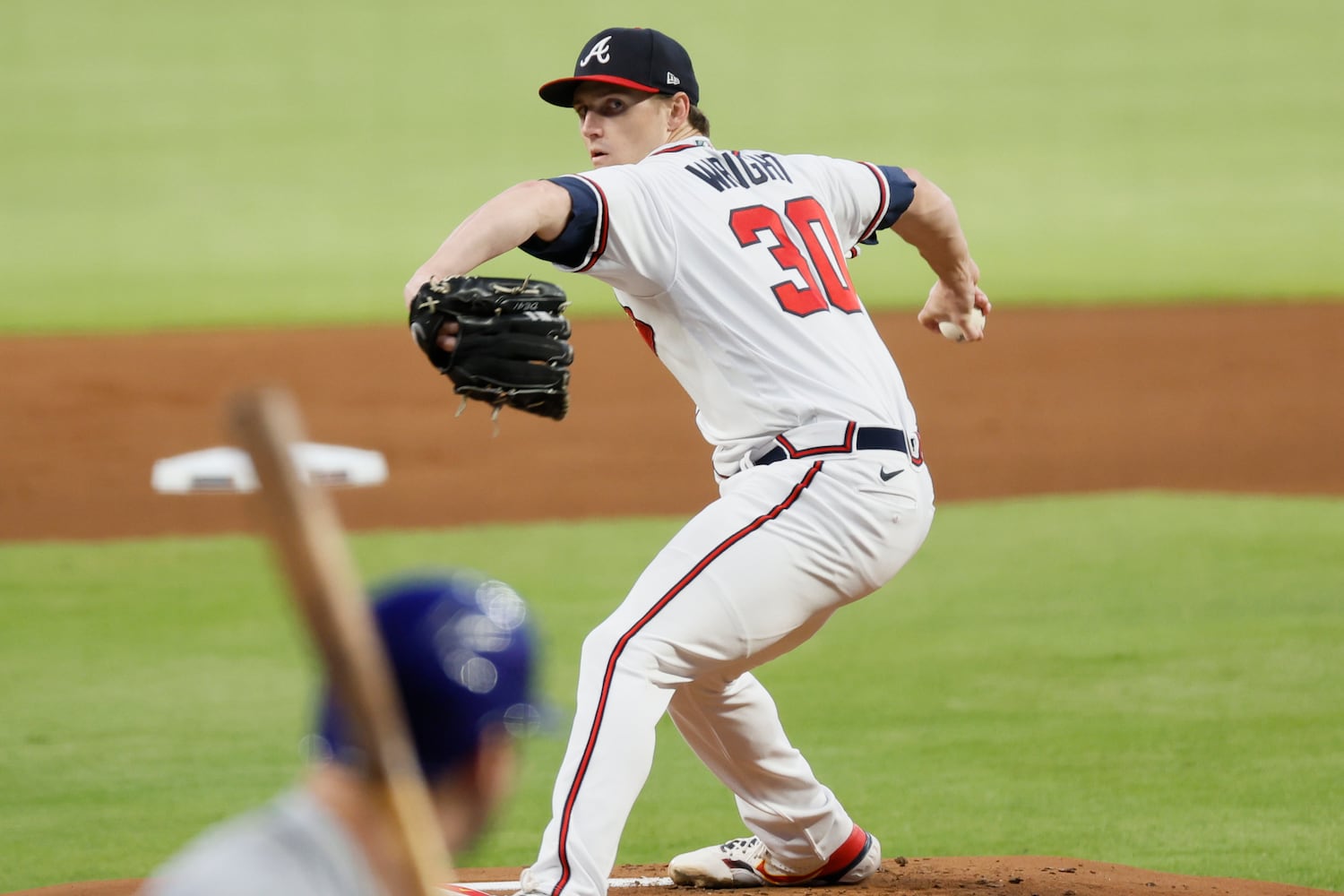 Braves starting pitcher Kyle Wright (30) works in the first inning of a baseball game on Saturday, Oct. 1, 2022. Miguel Martinez / miguel.martinezjimenez@ajc.com 