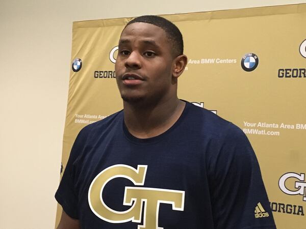 Georgia Tech defensive lineman Antwan Owens speaking with reporters on October 30, 2019. (AJC photo by Ken Sugiura)