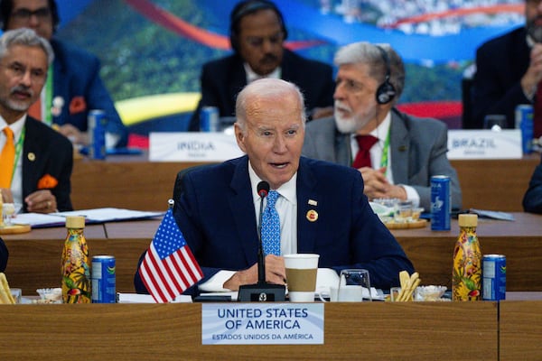 President Joe Biden speaks as other G20 leaders listen during the G20 Summit at the Museum of Modern Art in Rio de Janeiro, Monday, Nov. 18, 2024. (Eric Lee/The New York Times via AP, Pool)