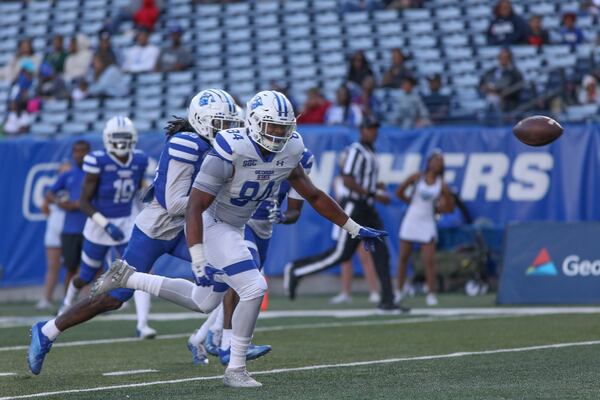 Georgia State Panthers tight end Kris Byrd (84) can't make the catch during the Georgia State Panthers 2022 spring game Friday, April, 2022, in Atlanta. Branden Camp/For The Atlanta Journal-Constitution