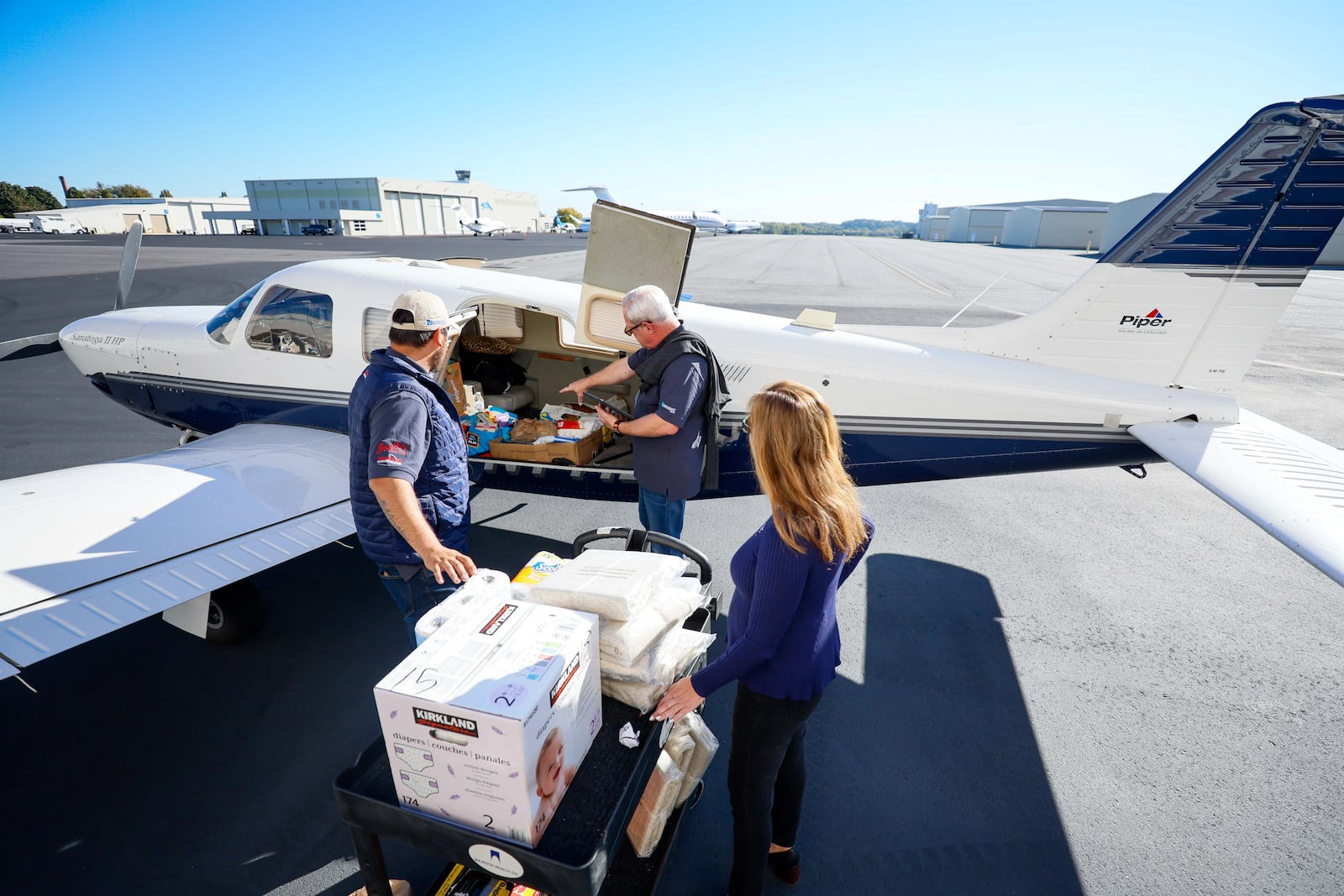 Airplanes outside the Angel Flight Soars hangar are being loaded with essential items to be delivered to disaster zones in South Georgia on Thursday, October 17, 2024. Angel Flight Soars, a nonprofit organization, typically transports patients to various destinations and utilizes its expertise to transport supplies to disaster zones.
(Miguel Martinez / AJC)