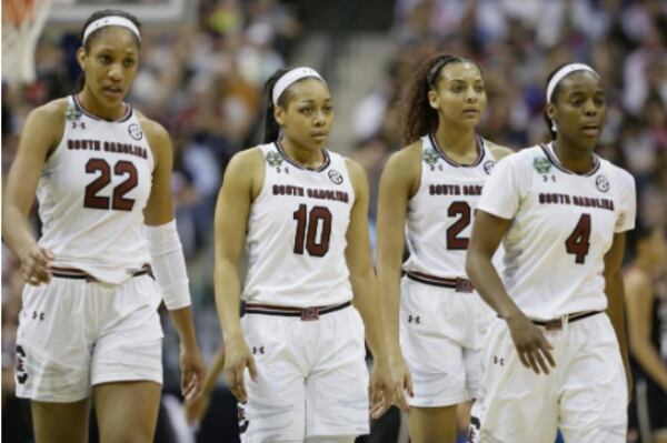 South Carolina A'ja Wilson (22), Allisha Gray (10) and Doniyah Cliney (4) during South Carolina’s Final Four game against Stanford on March 31. The Gamecocks won 62-53 to advance to the National Championship.