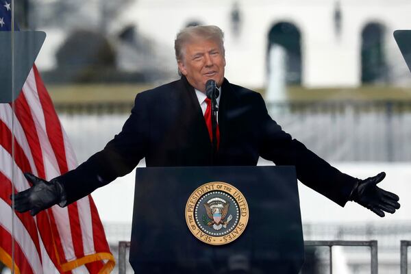 Then-President Donald Trump speaks to his supporters at the Save America Rally on the Ellipse on Jan. 6. His supporters stormed the U.S. Capitol following the rally. (Abaca Press/TNS)