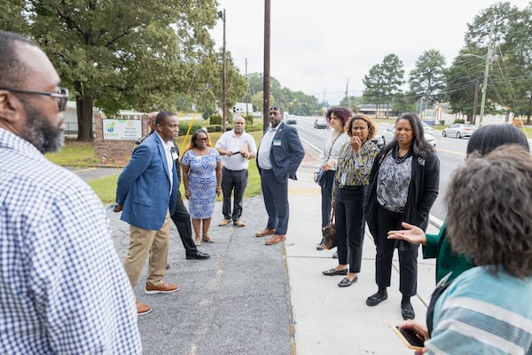 Participants in a tour of South Fulton development sites make a stop at one location along the Old National Highway corridor on Wednesday, Sept. 27, 2023. Image courtesy of The Collaborative Firm.