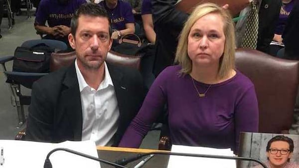 Steve (left) and Rae Ann Gruver testified in favor of an anti-hazing bill in the Louisiana House Criminal Justice Committee on March 21, 2018. Their son, Max, was a victim of hazing at Louisiana State University. He died Sept. 14, 2017. His photo sits on the table. (Courtesy)