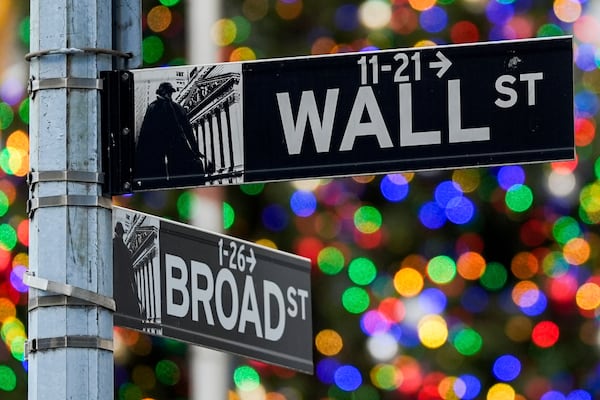 A sign outside the New York Stock Exchange marks the intersection of Wall and Broad Streets, Thursday, Dec. 12, 2024, in New York. (AP Photo/Julia Demaree Nikhinson)