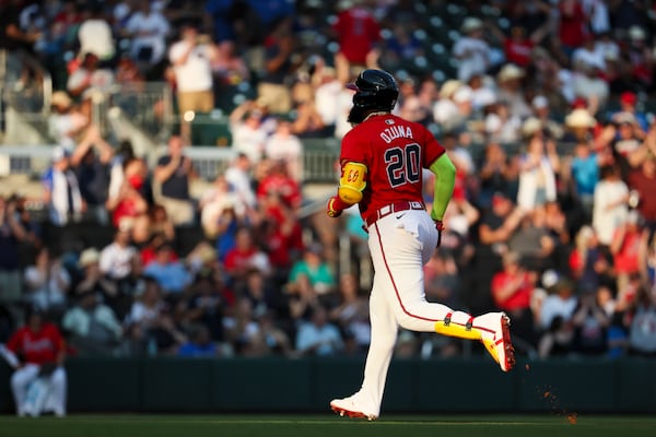 Atlanta Braves designated hitter Marcell Ozuna reacts after hitting a three-run home run June 14 during the first inning against the Tampa Bay Rays at Truist Park.