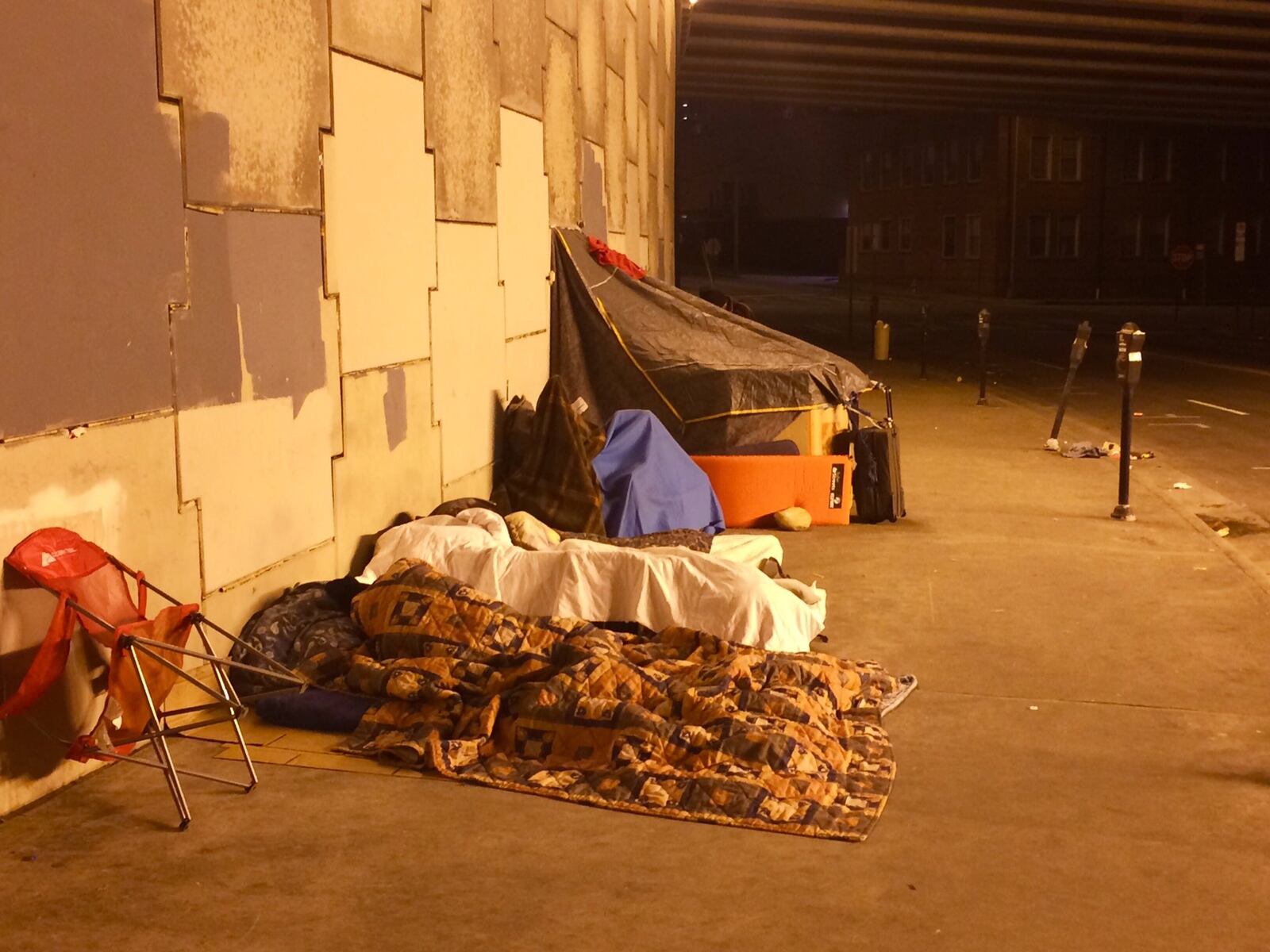 Midnight under the Downtown Connector in Atlanta at Bell Street, near Grady Memorial Hospital. 