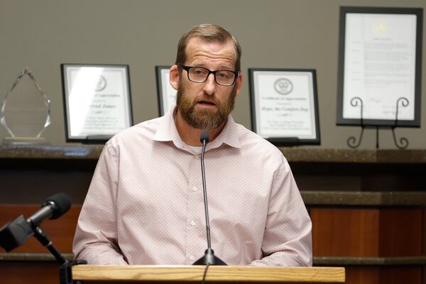 Cobb County Drug Court graduate Daniel Spinney speaks during a program celebrating 20 years of the program on Thursday, October 26, 2023. (Natrice Miller/ Natrice.miller@ajc.com) 