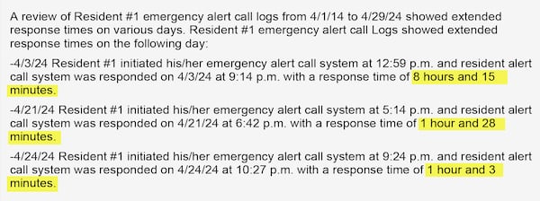 A DCH investigation into a Gwinnett assisted living community found that one resident who is blind with limited hearing experienced extended response times to emergency alert calls, including one for more than eight hours. (Ga. Dept. of Community Health)