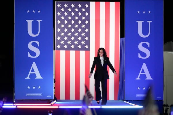 Democratic presidential nominee Vice President Kamala Harris arrives onstage at a campaign rally in Washington, Tuesday, Oct. 29, 2024. (AP Photo/Ben Curtis)