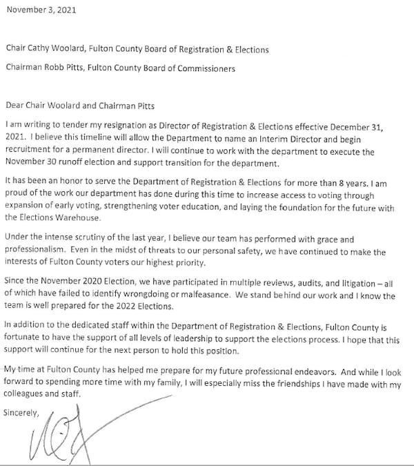 This is the Nov. 3, 2021 resignation letter of Fulton elections head Richard Barron. (Provided by Fulton County government)