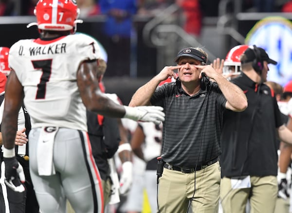 Georgia Bulldogs head coach Kirby Smart during the second quarter of the SEC Championship football game between the Georgia Bulldogs and the Alabama Crimson Tide.  Hyosub Shin / Hyosub.Shin@ajc.com 