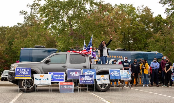 Gwinnett County Commission Chair candidate Nicole Love Hendrickson speaks at the Get Out The Early Vote with Jon Ossoff, Rev. Raphael Warnock, Carolyn Bourdeaux, and the Biden Campaign at Shorty Howell Park in Duluth, Georgia, on Saturday, October 24, 2020. (Rebecca Wright for the Atlanta Journal-Constitution) 