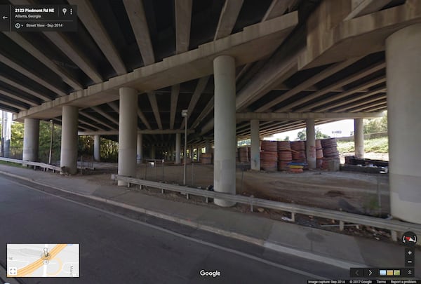 SEPTEMBER 2014: This image from Google Maps Street View shows the underneath of I-85 where the interstate passes over Piedmont Road, looking to the northeast. (Google Maps Street View)