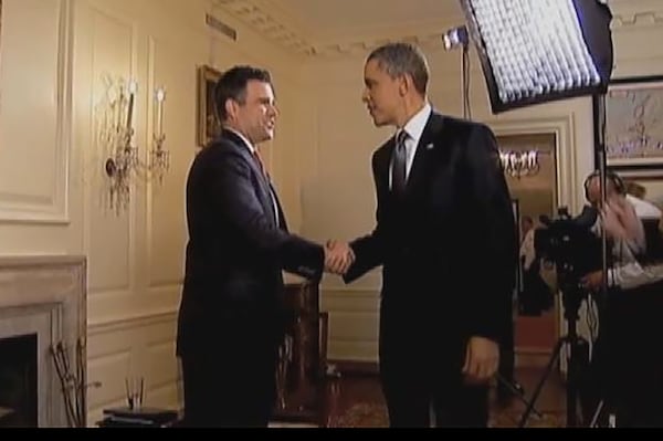 WSB-TV anchor Justin Farmer meeting Barack Obama in 2011 at the White House for a sit-down interview. CONTRIBUTED