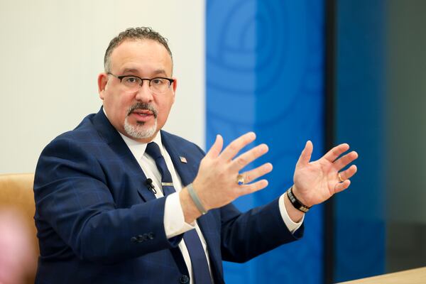 U.S. Secretary of Education Miguel Cardona meets AJC reporters and editors on Jan. 16, 2024, in Atlanta. (Jason Getz/Jason.Getz@ajc.com)