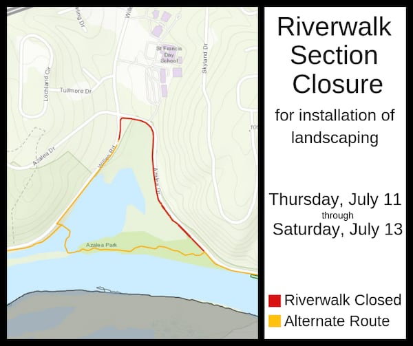 The stretch of the Riverwalk trail that is closed spans from the corner of Willeo Road and Azalea Drive, to where the boardwalk begins. There is a longer alternate route.