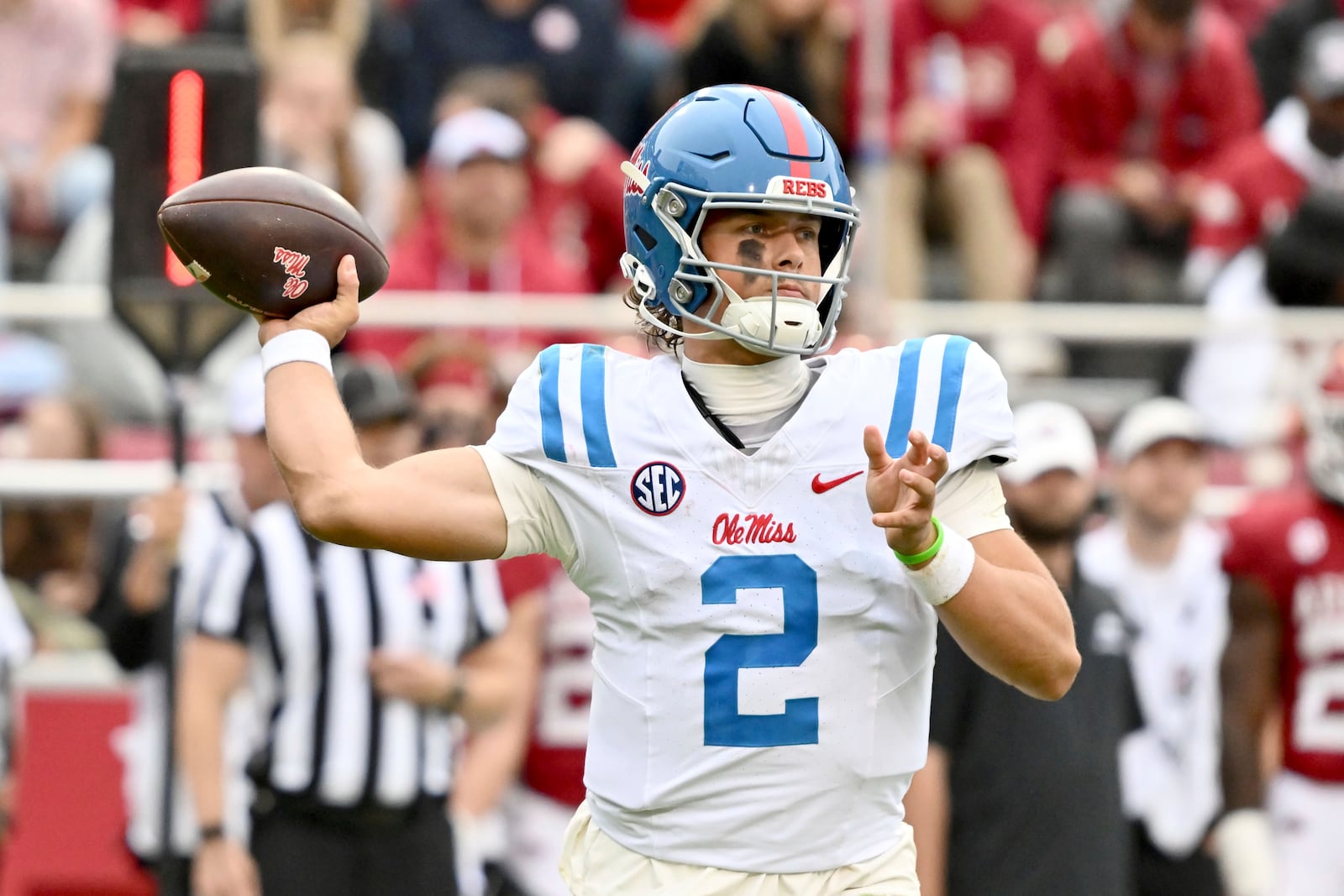 Mississippi quarterback Jaxson Dart (2) throws a pass against Arkansas during the first half of an NCAA college football game Saturday, Nov. 2, 2024, in Fayetteville, Ark. (AP Photo/Michael Woods)