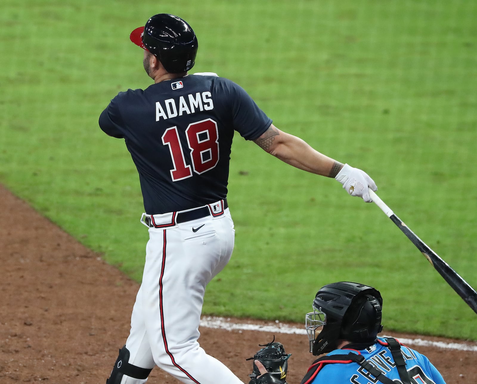 Matt Adams hits a walk off home run for a 10-9 victory over the Miami Marlins.   Curtis Compton ccompton@ajc.com