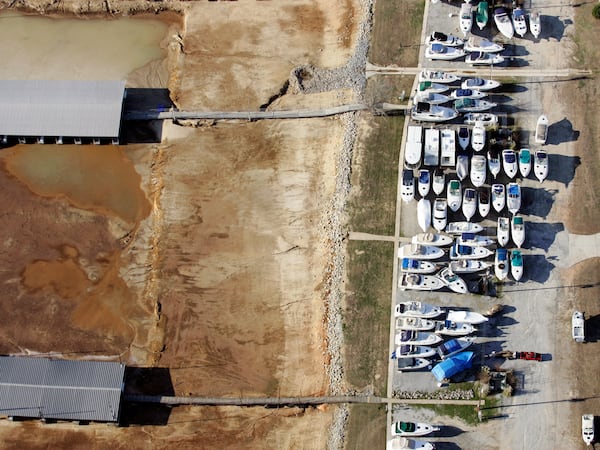 LAKE LANIER--Aerial photo of Starboard Cove Marina on Lake Lanier on Friday, Jan. 4, 2007. The 2007 drought pushed Lake Lanier way below its full-pool level of 1071 feet. Lake levels below 1060 significantly impact the recreational health of the lake. This photo, taken in 2007, shows what the lake looked like in the thick of the drought. A stark contrast from the healthier  look and water level of Lake Lanier today. ALLEN SULLIVAN/Staff