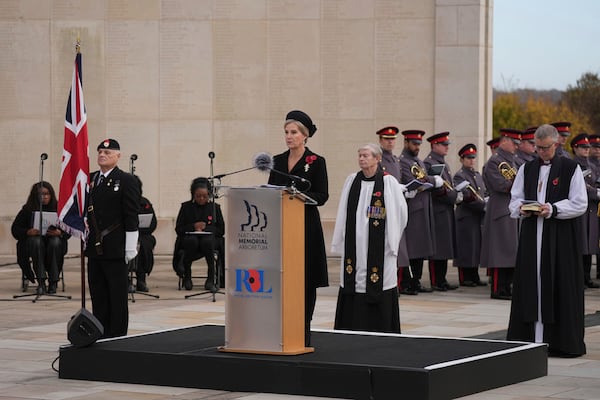 Sophie, Duchess of Edinburgh, speaks during the Remembrance service at National Memorial Arboretum in Alrewas, Staffordshire, England, to mark Armistice Day, Monday Nov. 11, 2024. (Jacob King/PA via AP)