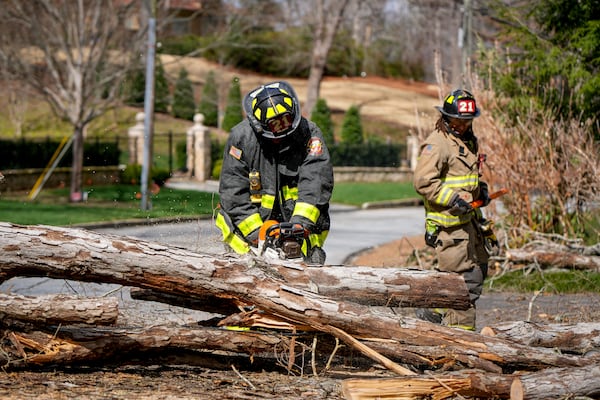 Firefighters cut and remove a tree that had fallen Sunday on Harris Trail in northwest Atlanta. (Ben Hendren for the Atlanta Journal-Constitution).