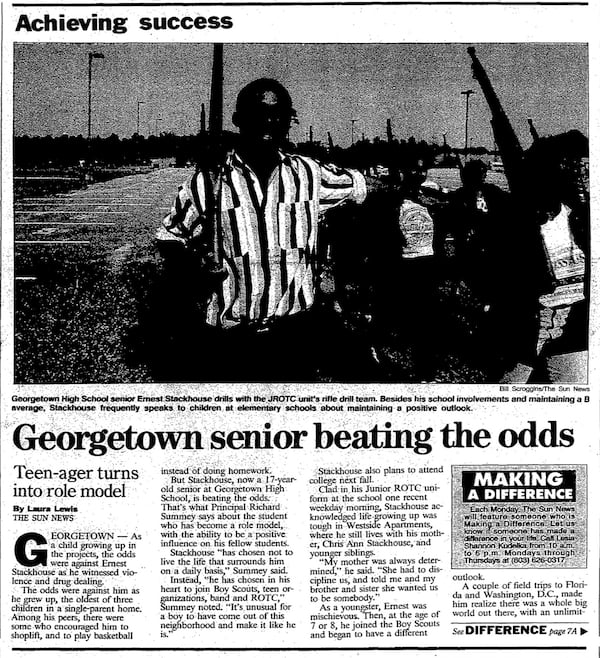 A front-page clipping from the front page of the Sun News in Myrtle Beach, S.C., where a young Ernest Stackhouse was featured as a standout high school student.